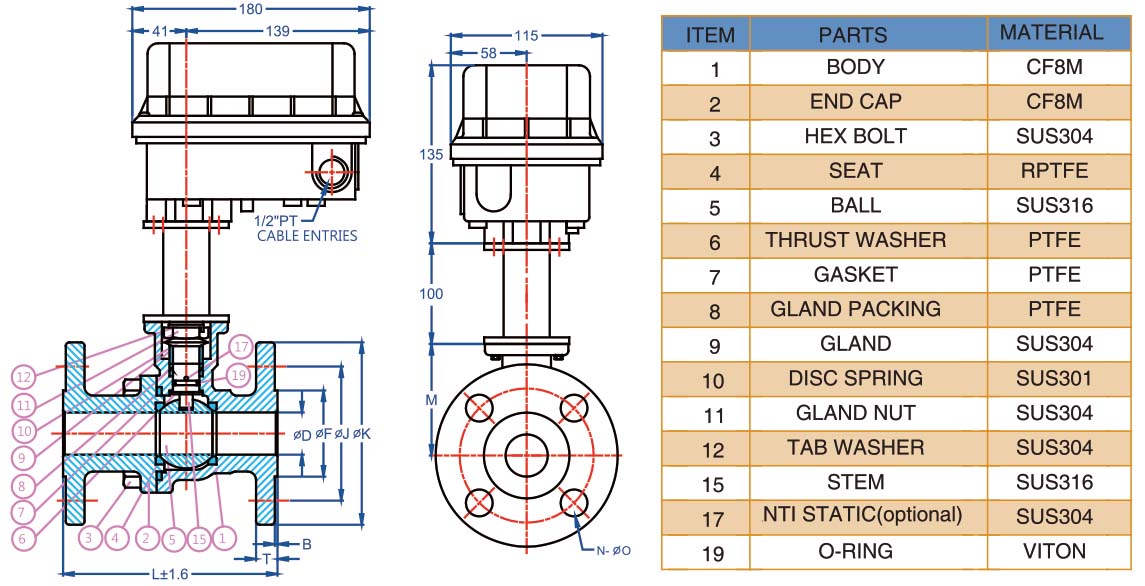 Hants Stainless Steel Electric Ball Valve Structure Diagram (Model 2SF-H)