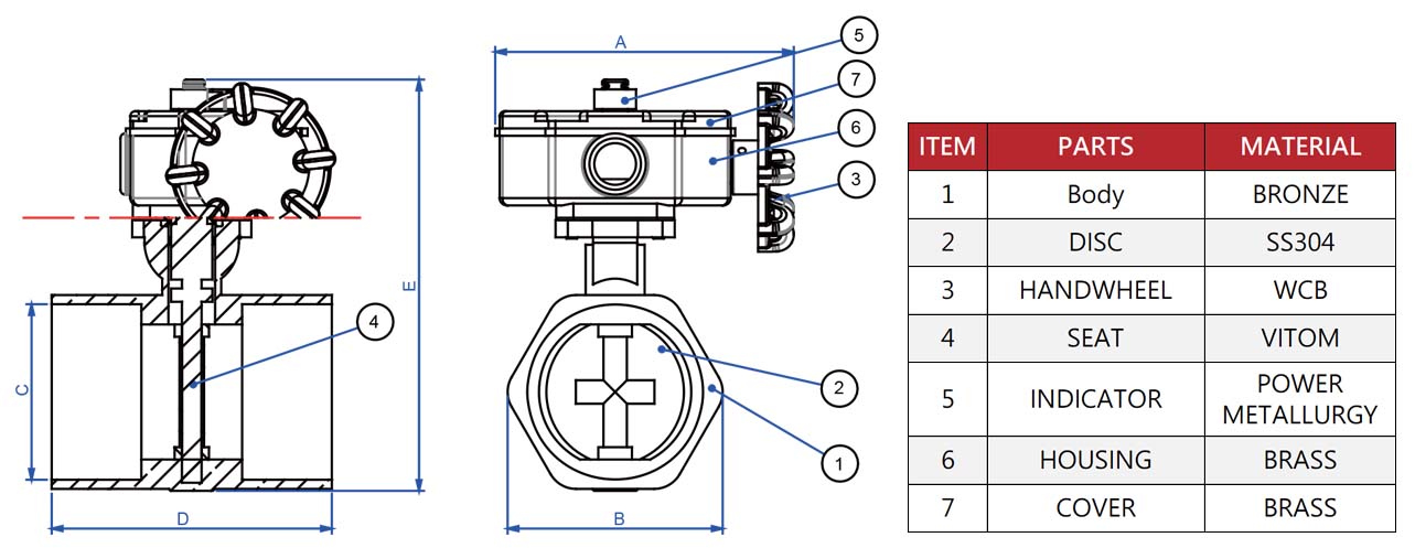 Hants UL Bronze Signal Type Butterfly Valve Structure Diagram